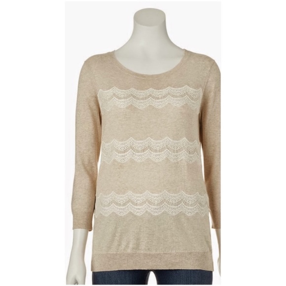 ELLE Sweater Lace 3/4 Sleeve Scoop Neck Oatmeal Large - Picture 2 of 3